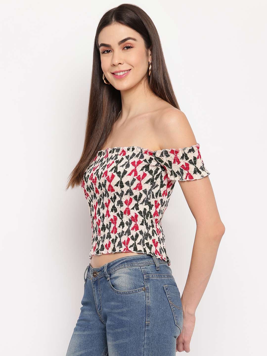 Women's Rayon Printed Off-Shoulder Smocked Crop Top Short Sleeve Casual Styles Tank Top (FREE SIZE) Multi33